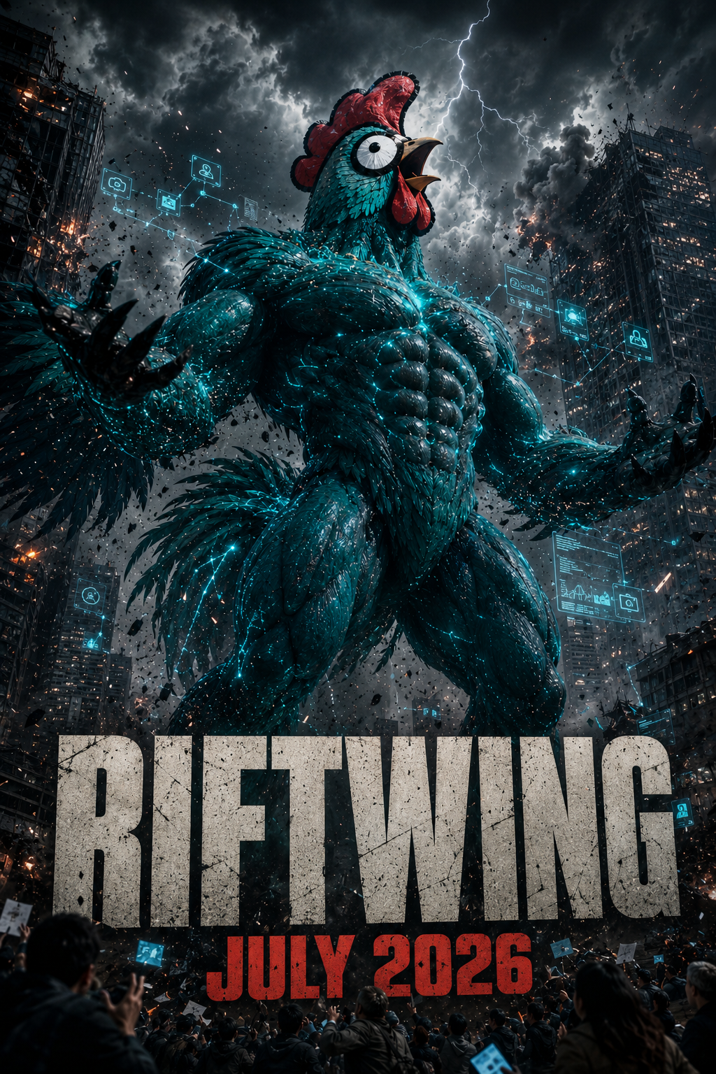 RIFTWING — a colossal cyber-rooster rising over a ruined city. Coming July 2026.